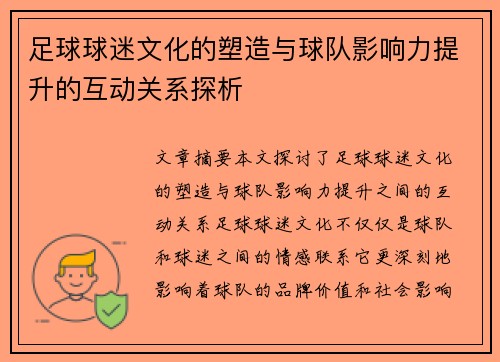 足球球迷文化的塑造与球队影响力提升的互动关系探析